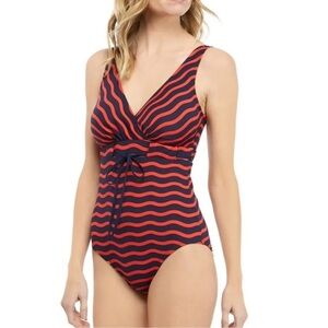 Tommy Bahama Sea Swell Faux Wrap Stripe One Piece Swimsuit Red Navy Size 4